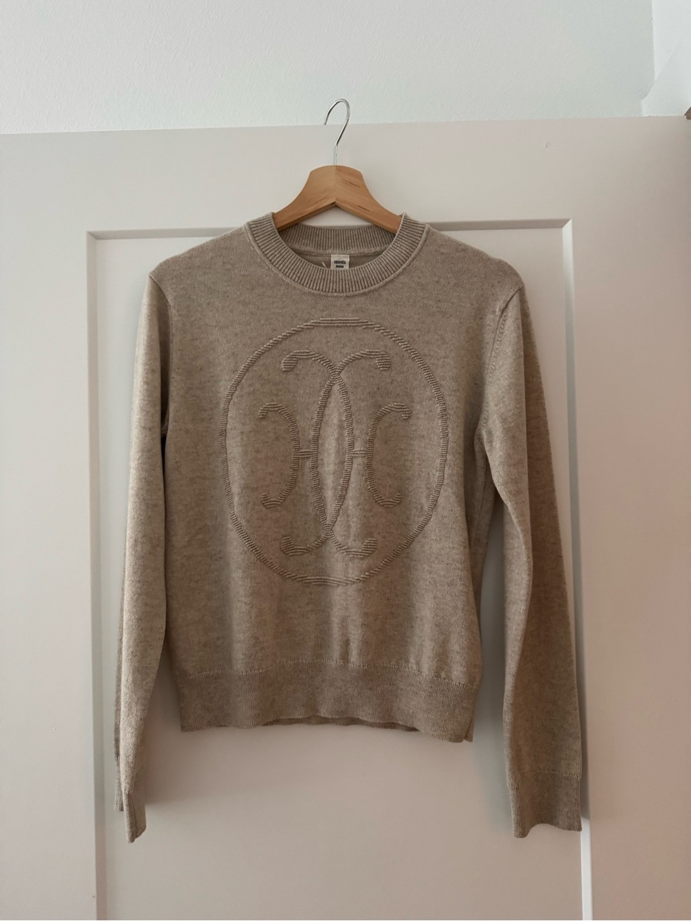 Hermes Beige Cashmere Cowl/Turtleneck Sweater with Embossed Logo